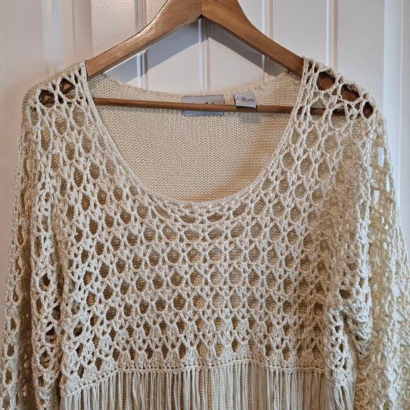Le Moda Crochet Sweater Womens XL Beige Knit Boho Tunic Fairy Sheer Soft - Picture 3 of 9